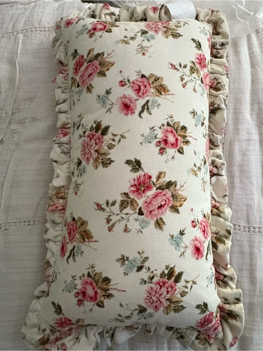 Floral Ruffle Accent Pillow in Cream and Pink